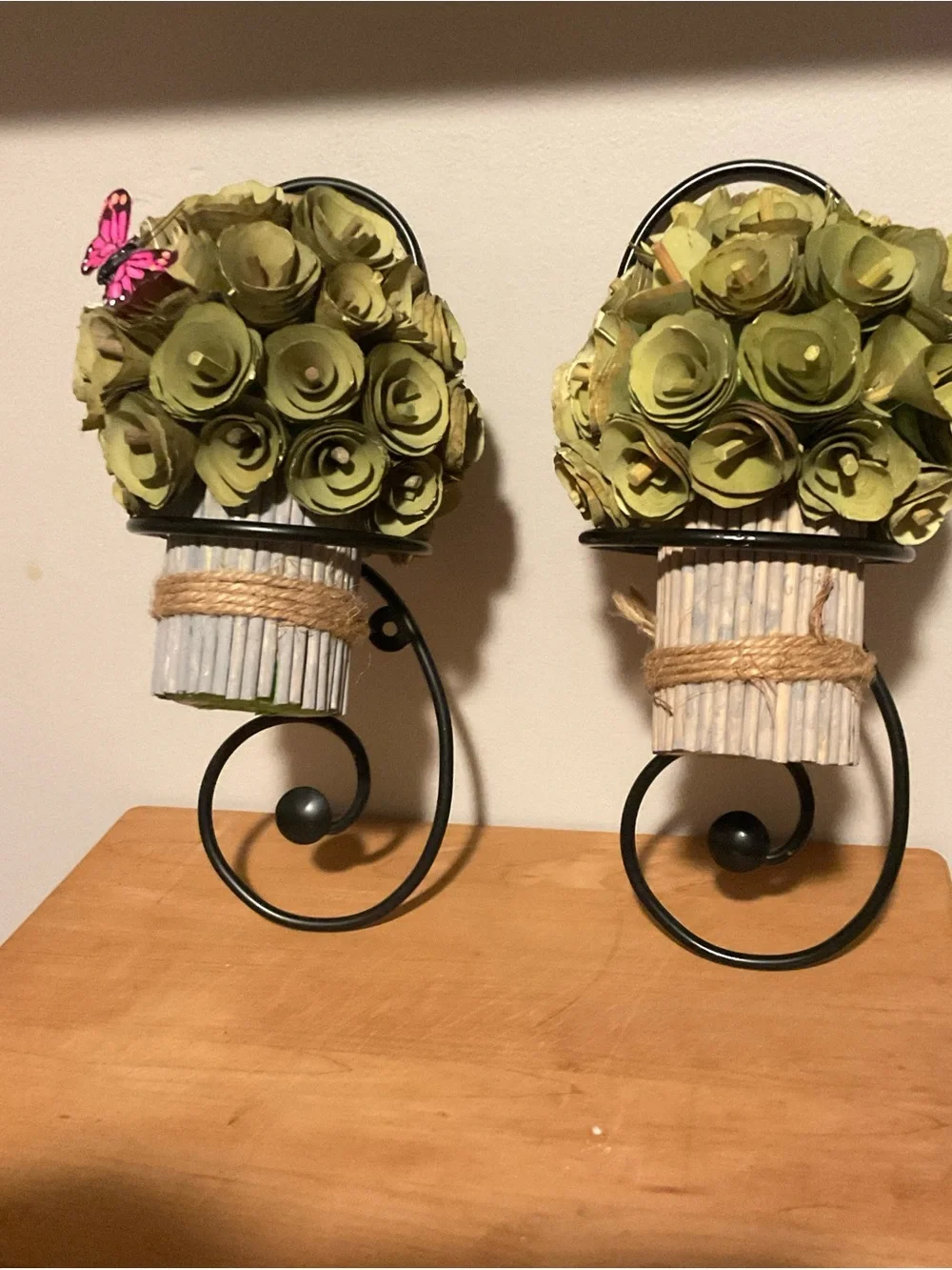 Olive Green Rose Wall Sconce Pair with Twine and Black Scroll Hangers